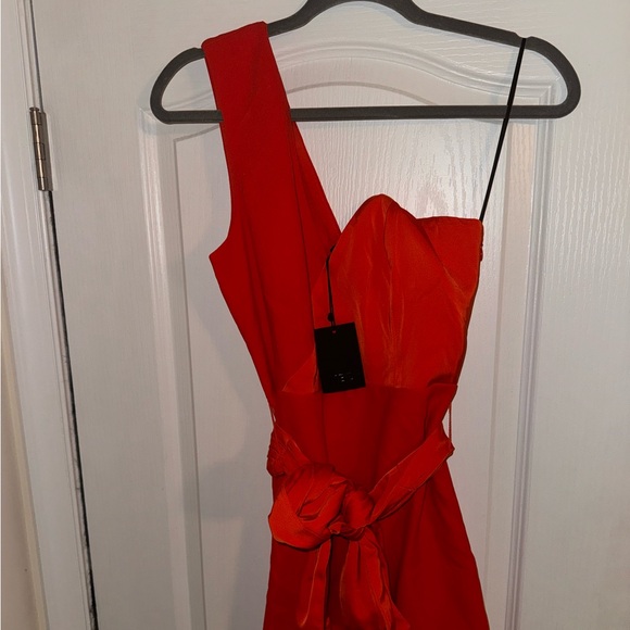 Red-Orange One Shoulder Cocktail Dress - Picture 3 of 4